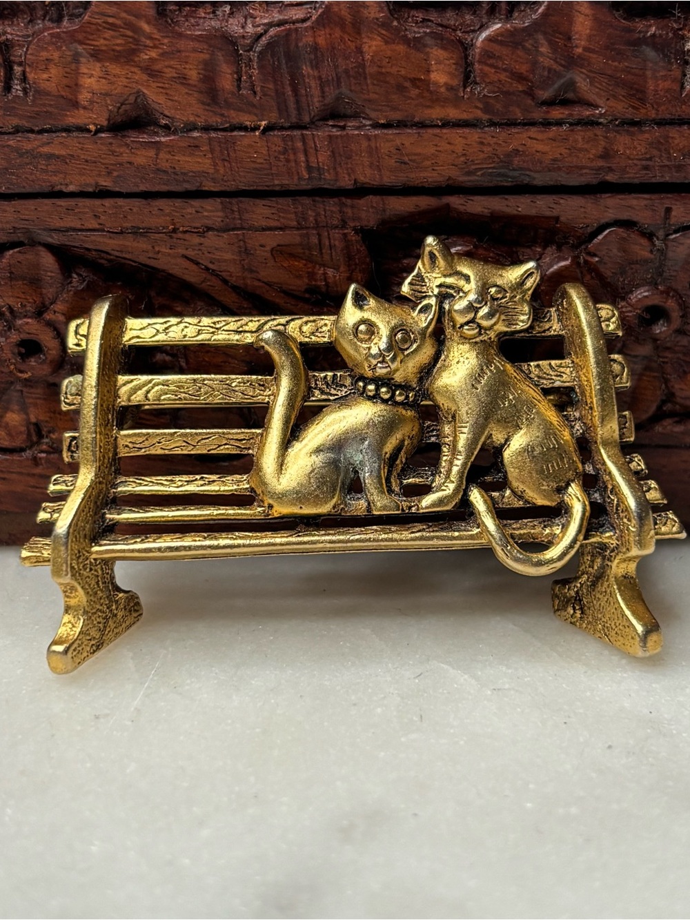 Vintage AJC Gold Cat Couple Bench Brooch